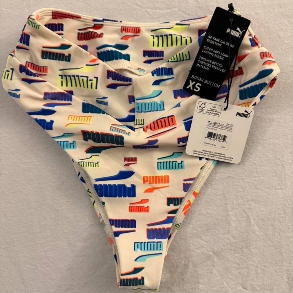 Puma Womens High Waisted Bikini Bottoms Logo Print Cream XS SSP23MWS-05580-270